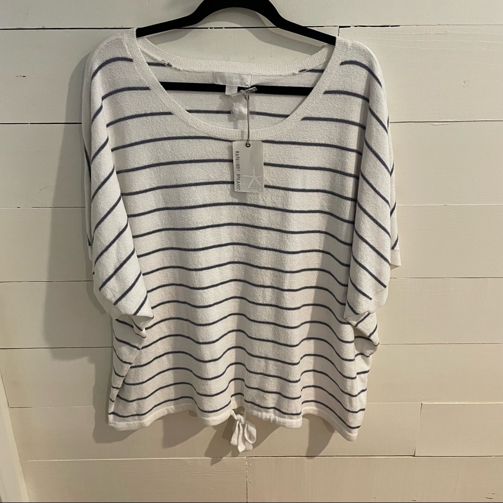 Barefoot Dreams 3X CozyChic Ultra Lite SS Sweater in Seasalt Lagoon Stripe